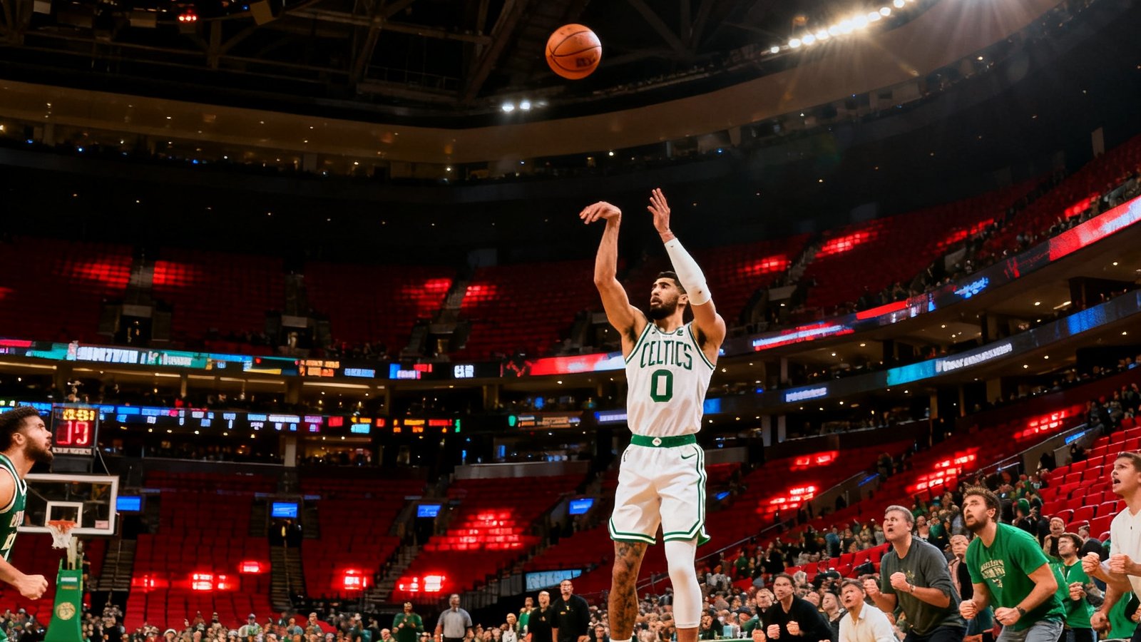 NBA总决赛第六场集锦画面，塔图姆在终场前2秒投出致胜三分球，球馆内时间仿佛凝固，全场观众起立屏息